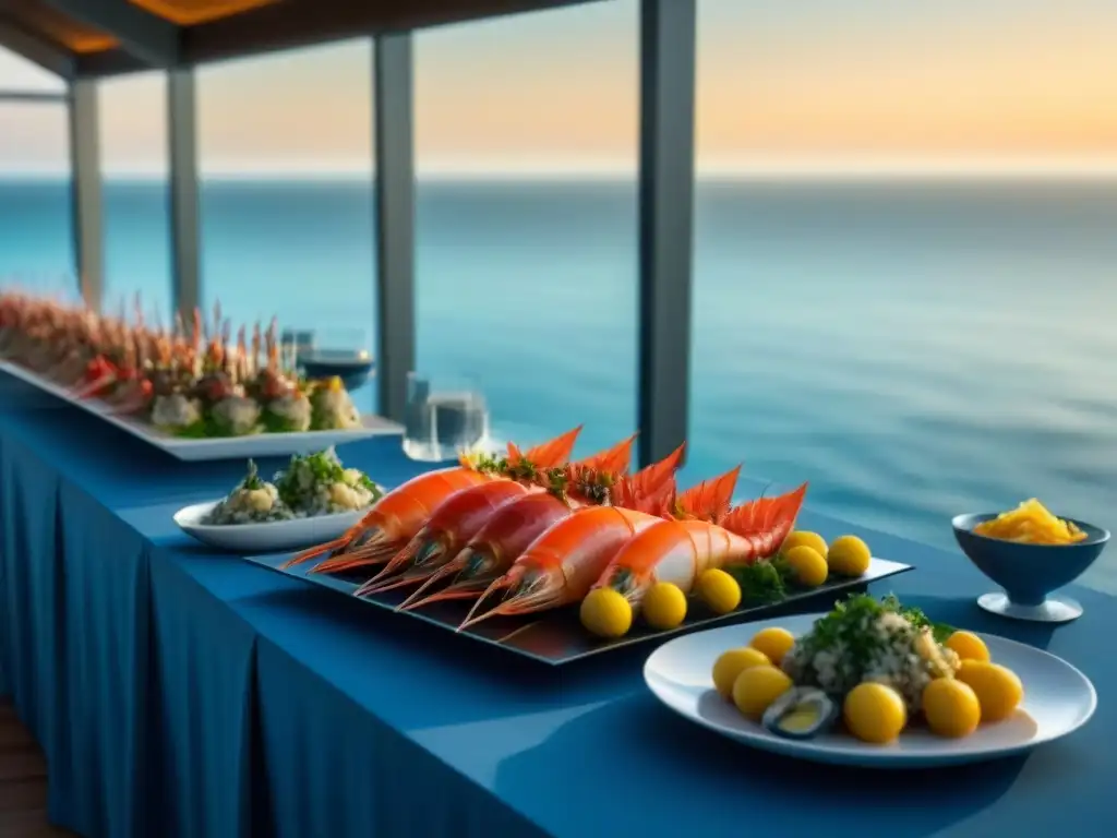 Exquisita degustación de mariscos frente al mar Un evento gastronómico de lujo en un entorno marítimo, con una elegante mesa de mariscos frescos frente al resplandeciente océano