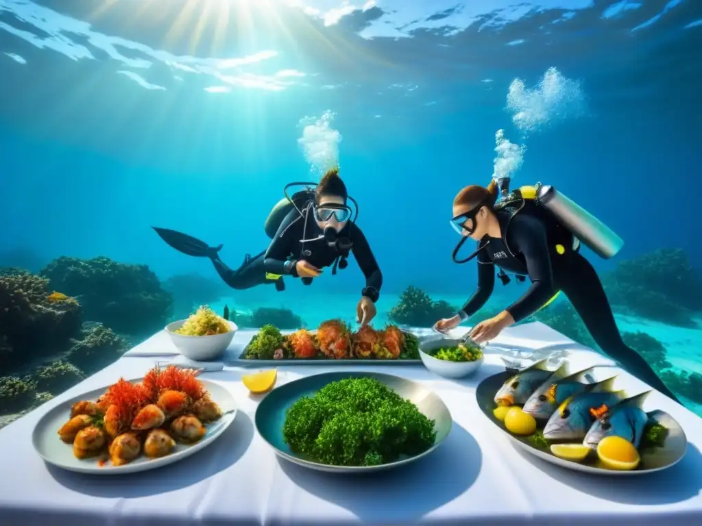 Exquisita preparación de mariscos en el fondo marino Evento gastronómico bajo el mar: chefs preparan un festín de mariscos rodeados de vida marina colorida en un escenario vibrante y soleado