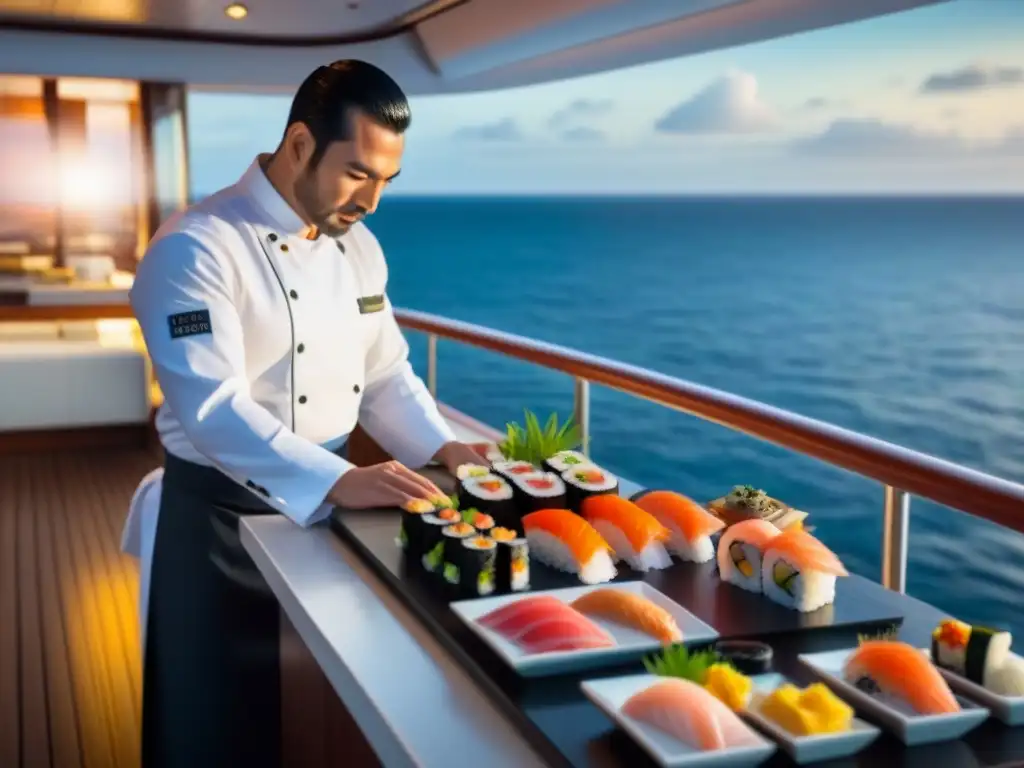 Evento sushi crucero marítimo: Estación de sushi en lujoso barco con rolls, sashimi y chef preparando sushi, mar y atardecer de fondo