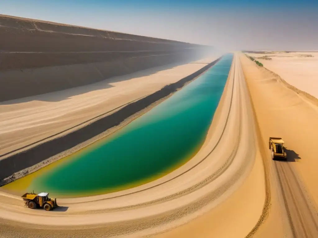 Excavación del Canal de Suez bajo el sol abrasador, detallando la inmensa obra con herramientas, maquinaria y desierto