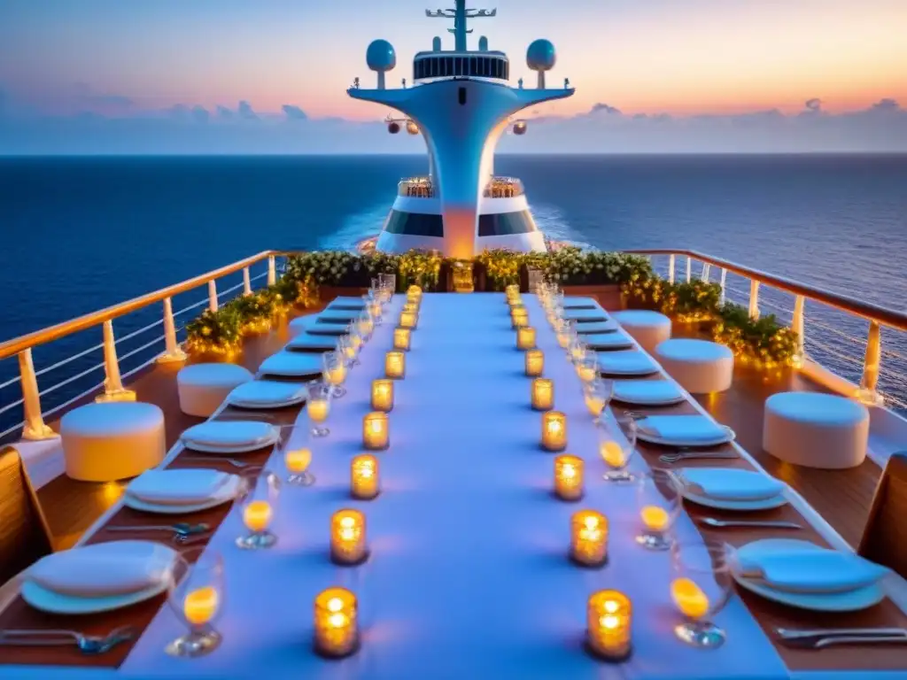 Exclusiva cena temática en crucero de lujo al atardecer con elegantes mesas blancas y cristalería, bajo cálidas luces