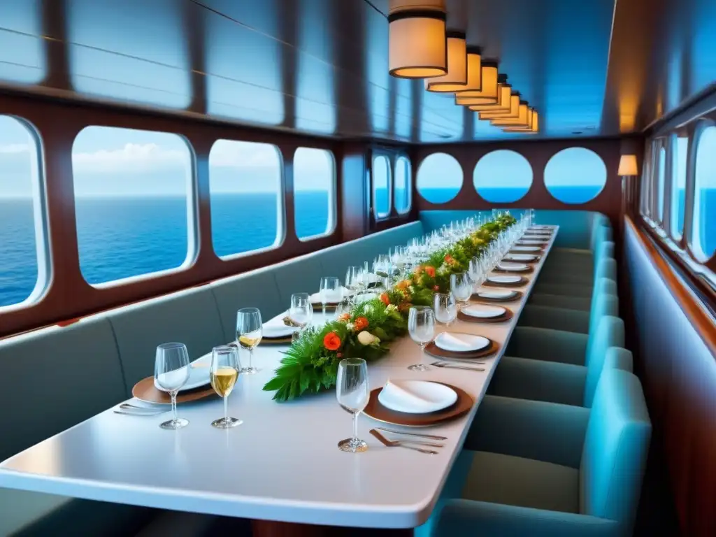 Exclusiva experiencia culinaria a bordo en lujoso comedor de crucero, con elegante mesa de madera, vajilla blanca y vista al mar