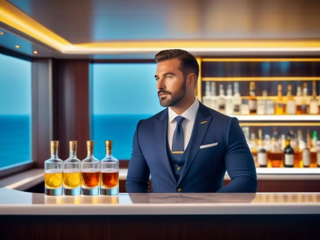 Exclusiva mixología en cruceros de lujo: bar elegante con barman creando cócteles mientras pasajeros disfrutan el ambiente sofisticado