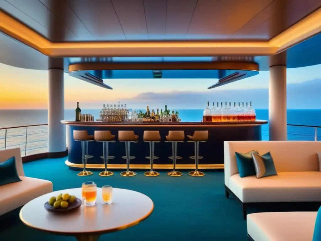 Exclusiva mixología en cruceros de lujo: elegante bar con cocteleras, copas de cristal y licores premium, al atardecer sobre el mar