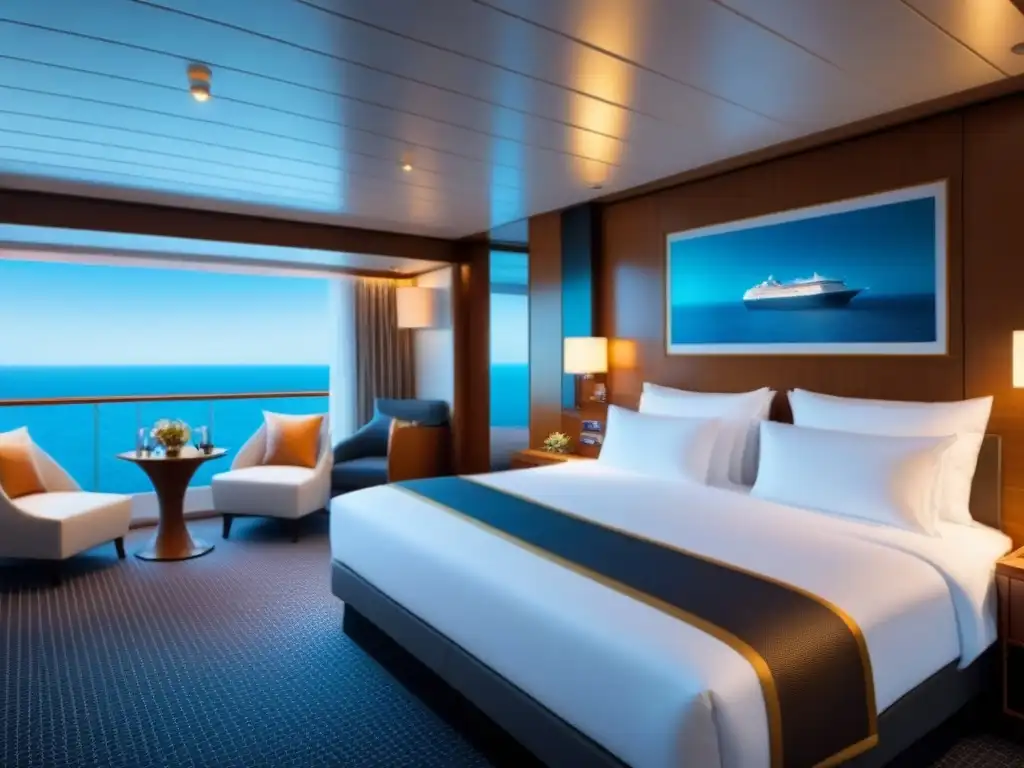 Una exclusiva suite en un crucero, con cama king, balcón privado con vista al mar y decoración minimalista