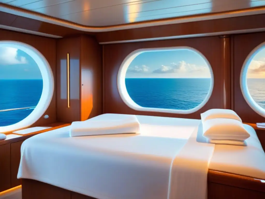 Exclusiva suite de spa en crucero de lujo con diseño minimalista, productos de cuidado de piel y vista al mar