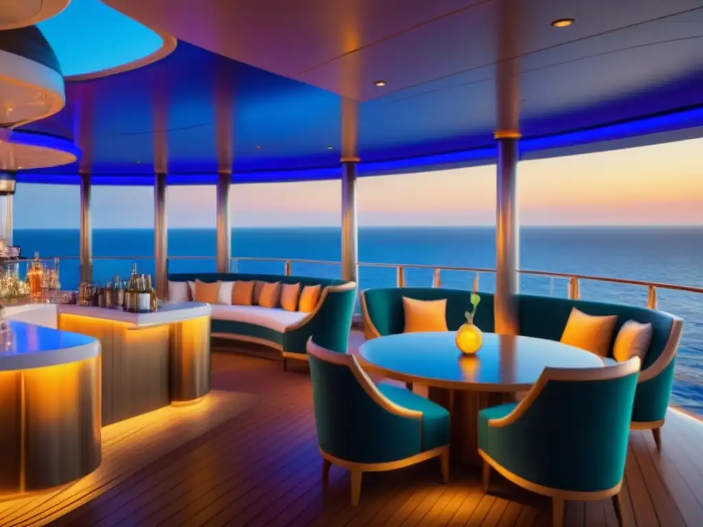 Exclusivo bar de cócteles en cubierta de crucero al atardecer, perfecto para noches temáticas de cócteles a bordo