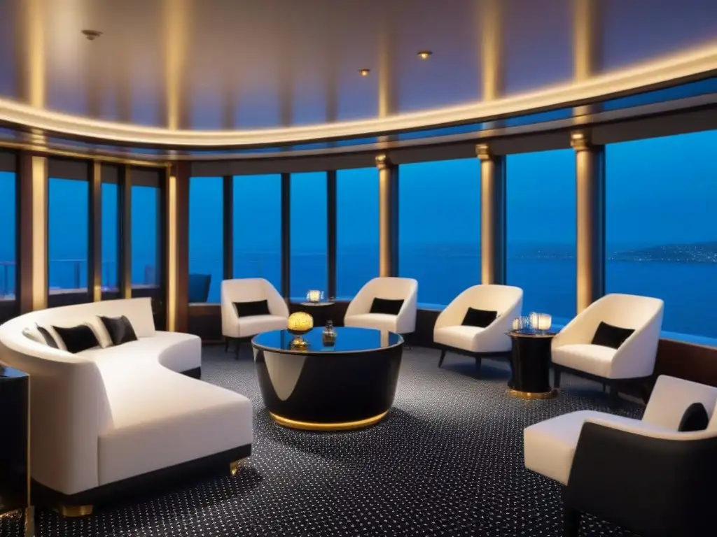 Un exclusivo club privado en un crucero de lujo con diseño moderno y elegante, iluminación ambiental y vistas panorámicas al mar