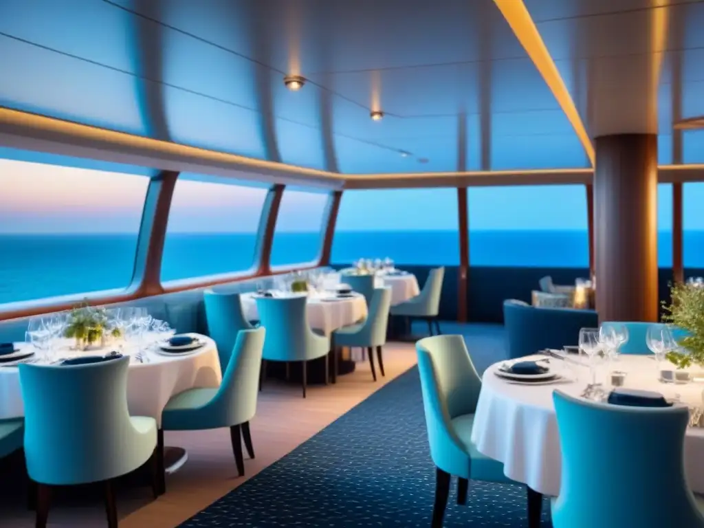 Exclusivo comedor de crucero con elegante ambiente y vista al mar