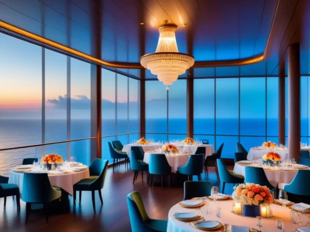 Exclusivo salón de comedor en crucero de lujo con cenas temáticas y vista al mar al atardecer