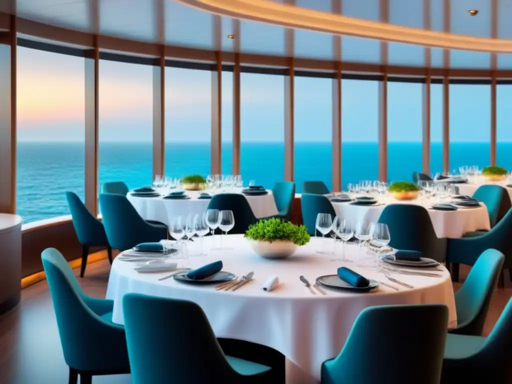 Exclusivo comedor de crucero con vista al mar, luces suaves y elegantes mesas