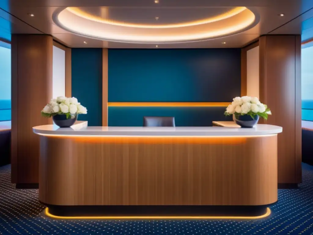 Exclusivo escritorio de concierge en crucero de lujo, con diseño minimalista y elegante