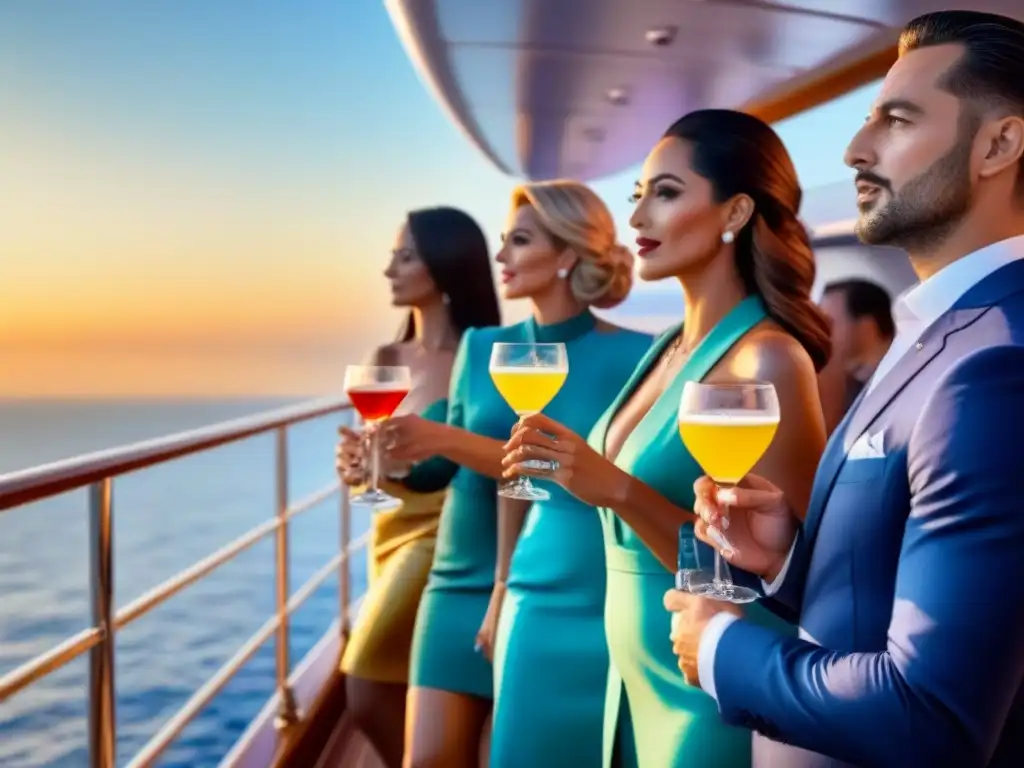 Exclusivo evento de coctelería en cruceros al atardecer con invitados elegantes y cócteles exquisitos