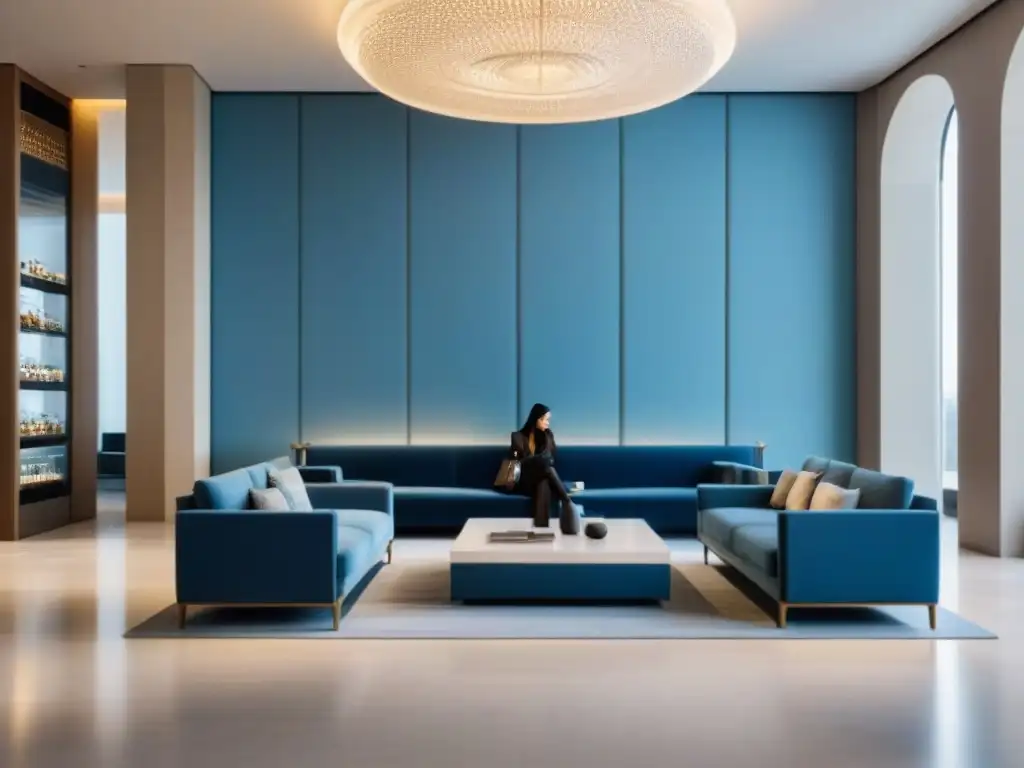 Exclusivo lobby de hotel en Lisboa con diseño minimalista y elementos tradicionales portugueses, ideal para compras de lujo Lisboa