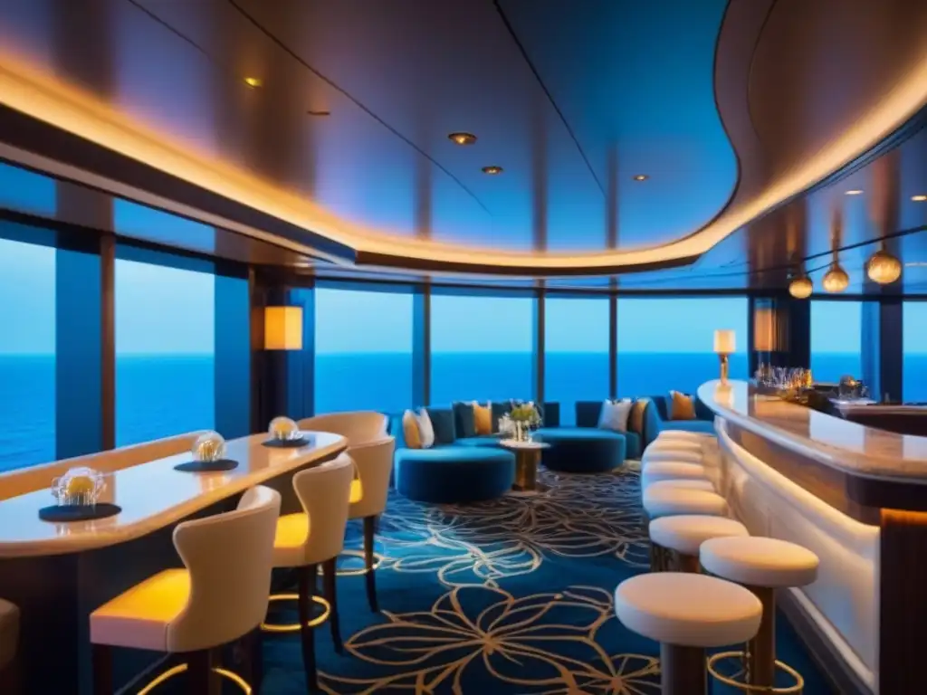 Exclusivo lounge de cocteles en crucero, elegante y moderno, con vista al mar y ambiente sofisticado