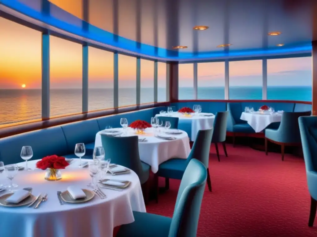 Exclusivo restaurante en crucero para parejas, con vista al mar al atardecer y ambiente romántico de lujo