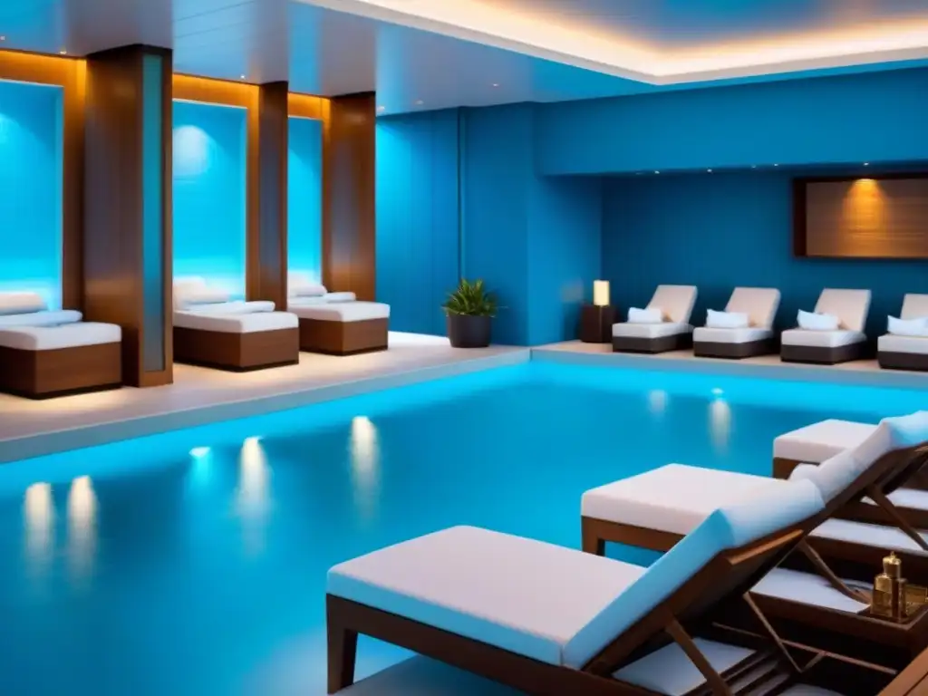 Un exclusivo spa de lujo en un crucero, con diseño moderno y tonos azules y blancos