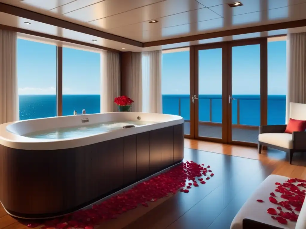 Exclusivo spa en suite de crucero de lujo con jacuzzi, decoración minimalista y vista al mar