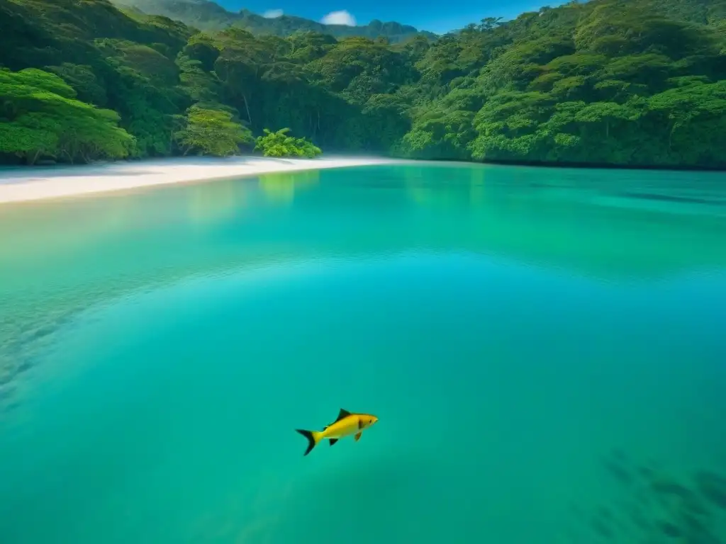 Excursiones ecológicas en aguas claras: laguna turquesa rodeada de exuberante vegetación tropical, peces coloridos y paz