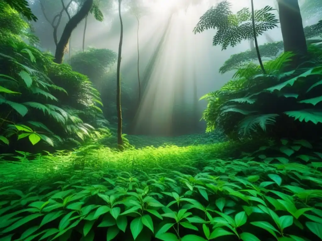 Excursiones ecológicas en crucero: Bosque tropical con luz del sol filtrándose entre las hojas verdes, creando sombras en el suelo