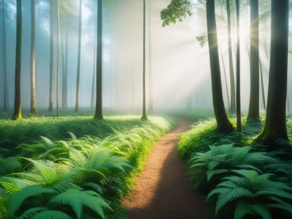 Excursiones ecológicas en crucero: Bosque verde con luz filtrándose entre árboles, creando sombras suaves en el suelo tranquilo