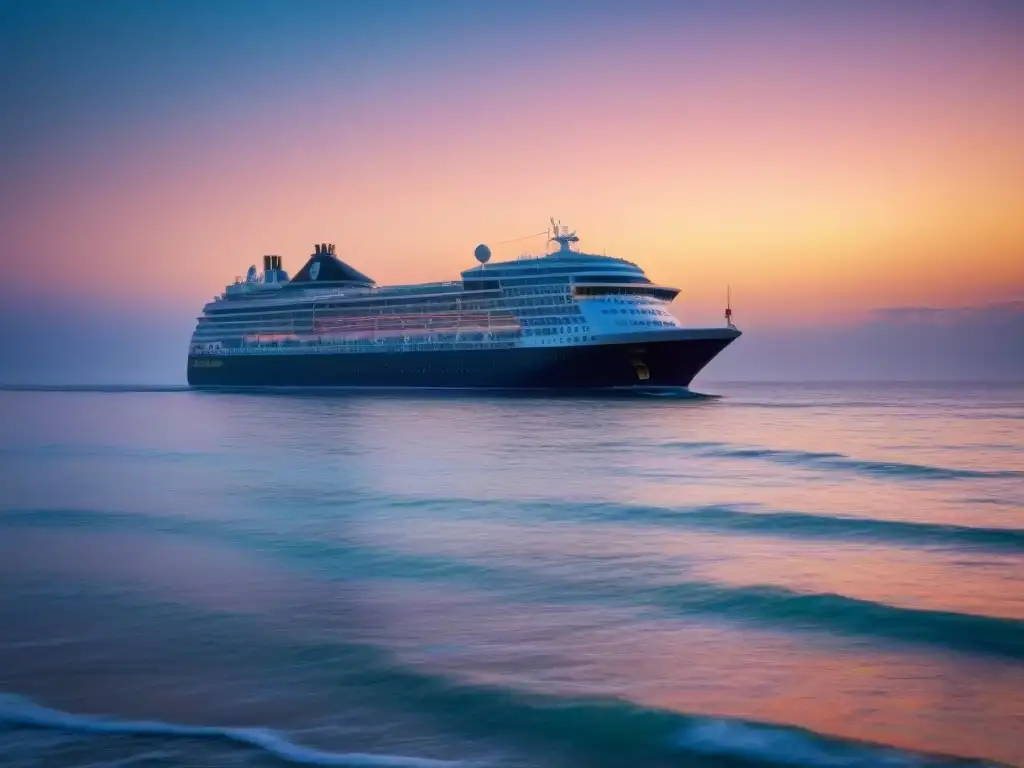 Excursiones ecológicas en cruceros marítimos: un atardecer sereno en el mar con un crucero elegante al fondo