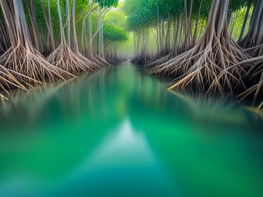 Excursiones ecológicas en cruceros marítimos: Bosque de manglares verde reflejado en aguas cristalinas, creando un ambiente sereno y armonioso