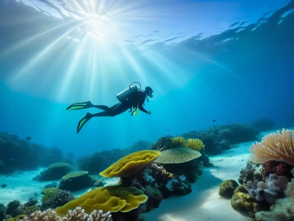 Excursiones ecológicas en cruceros marítimos: Observa la vida marina en arrecifes de coral bajo el agua cristalina, iluminados por rayos de sol