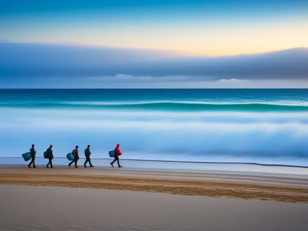 Excursiones ecológicas en turismo marítimo: Viajeros recogiendo basura en una playa al amanecer, en armonía con la naturaleza