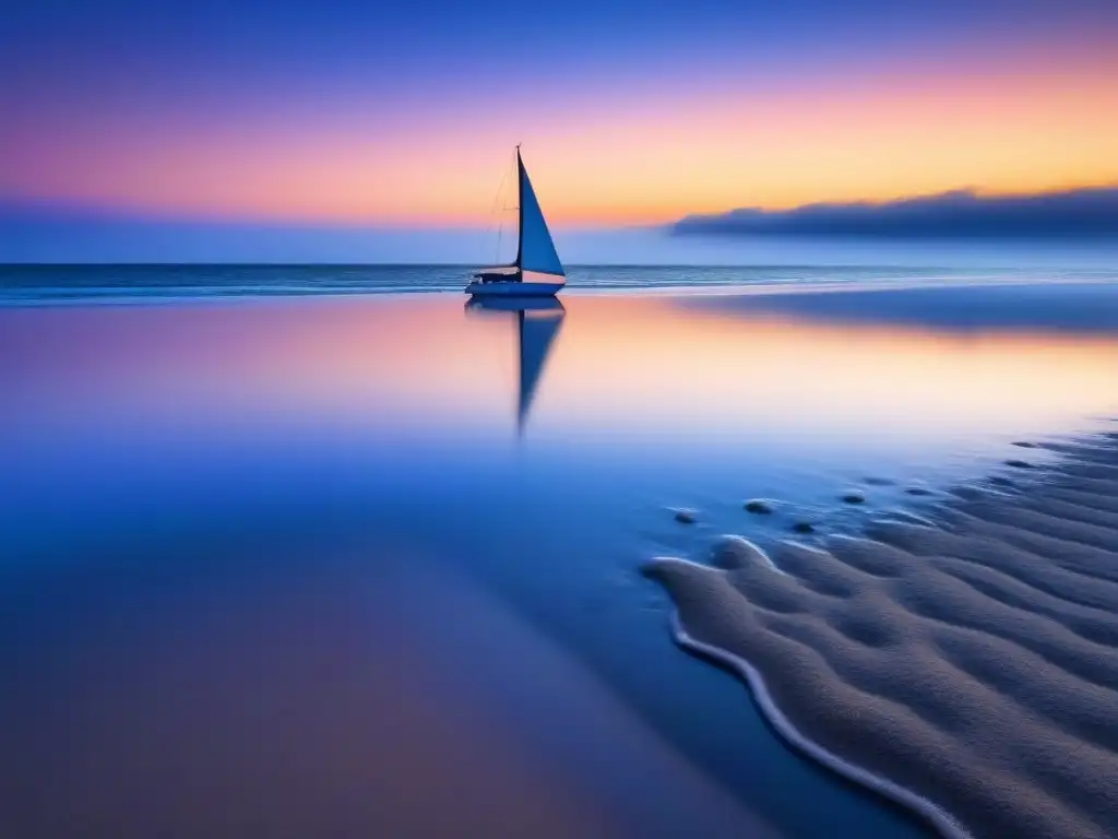 Excursiones en tierra para cruceros: Un atardecer sereno en la playa, con colores pastel y un velero solitario en el mar