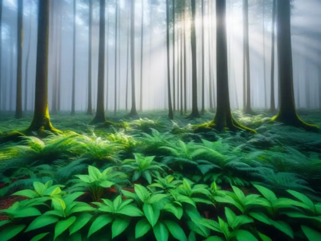 Excursiones en tierra turismo responsable: Bosque verde con luz del sol filtrándose entre el dosel, proyectando sombras en el suelo