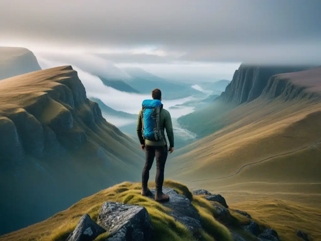 Un excursionista en un acantilado rocoso mirando un valle cubierto de niebla con tecnología impermeable