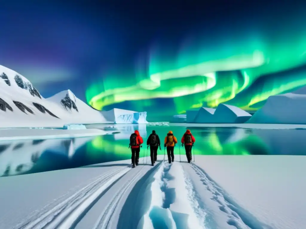 Una expedición antártica audaz avanza bajo la aurora australis en un vasto paisaje helado