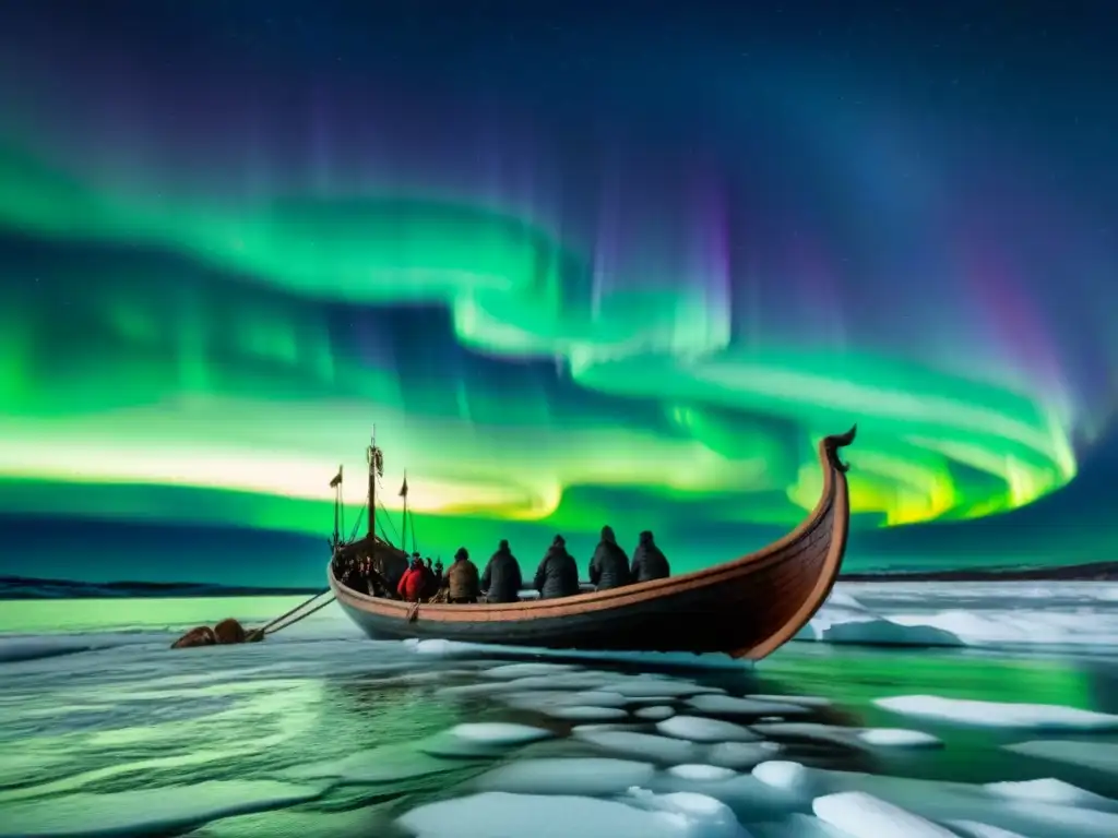 Una expedición vikinga surca aguas heladas bajo la aurora boreal, capturando la esencia de la historia naval en América