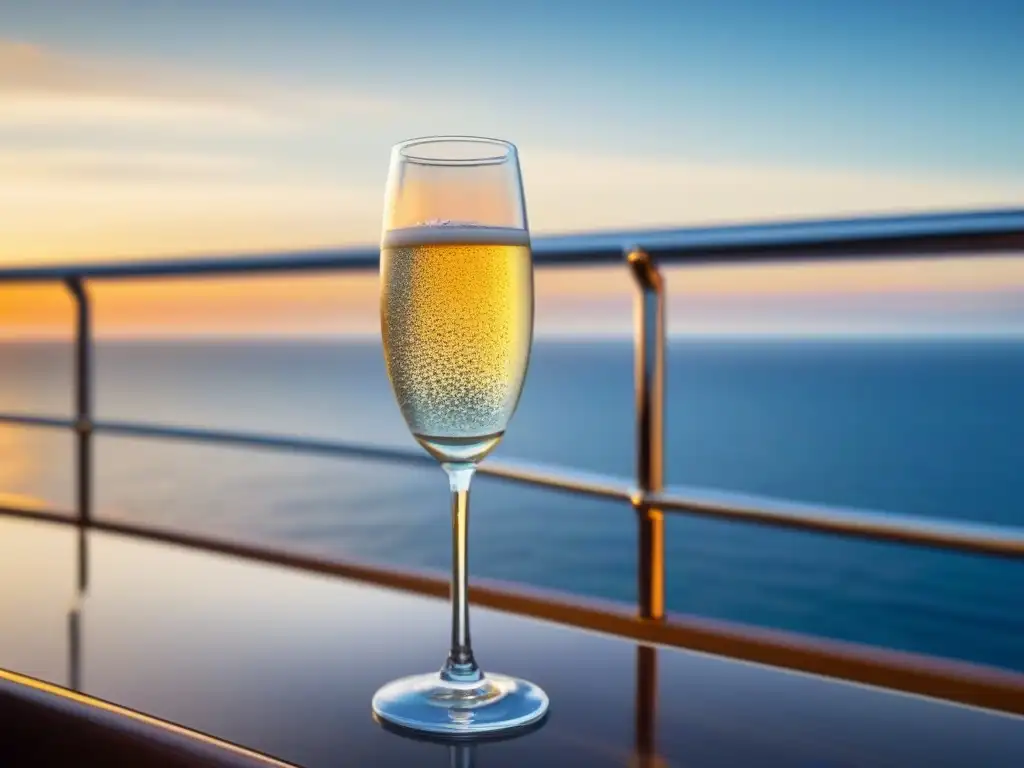 Experiencia champagne en cubierta de crucero: copa de cristal sobre el mar al atardecer