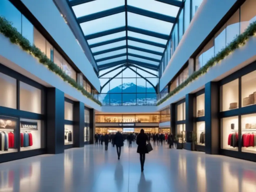 Experiencia de compras de lujo en Zúrich: Centro comercial moderno con vistas a los Alpes suizos y tiendas de diseño elegantes