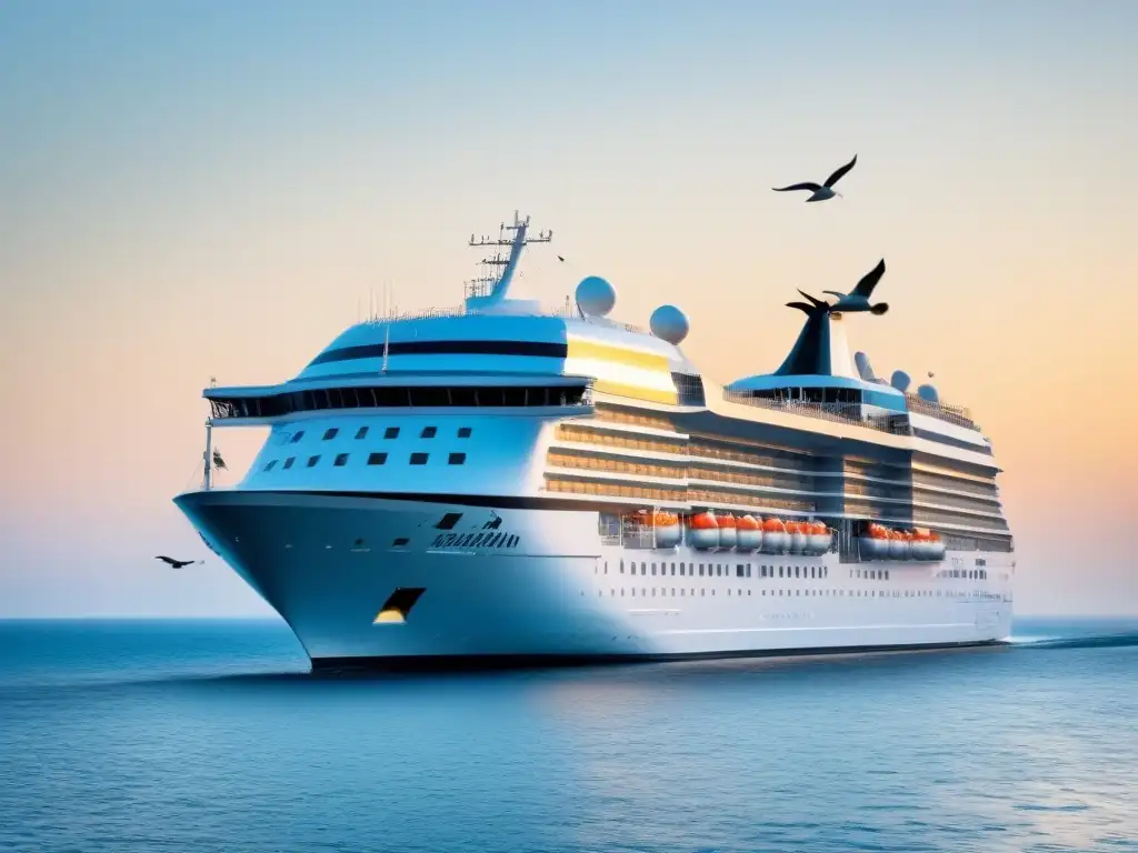 Una experiencia de crucero marítimo de lujo y tranquilidad bajo un cielo azul, con gaviotas, al amanecer
