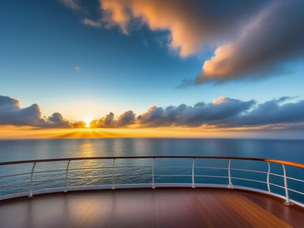 Experiencia de crucero revitalizante: Atardecer sereno desde la cubierta, aguas tranquilas reflejando tonos dorados del cielo