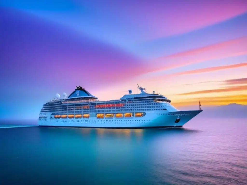 Experiencia de crucero revitalizante: Un elegante crucero navegando sobre aguas turquesas en un atardecer pastel