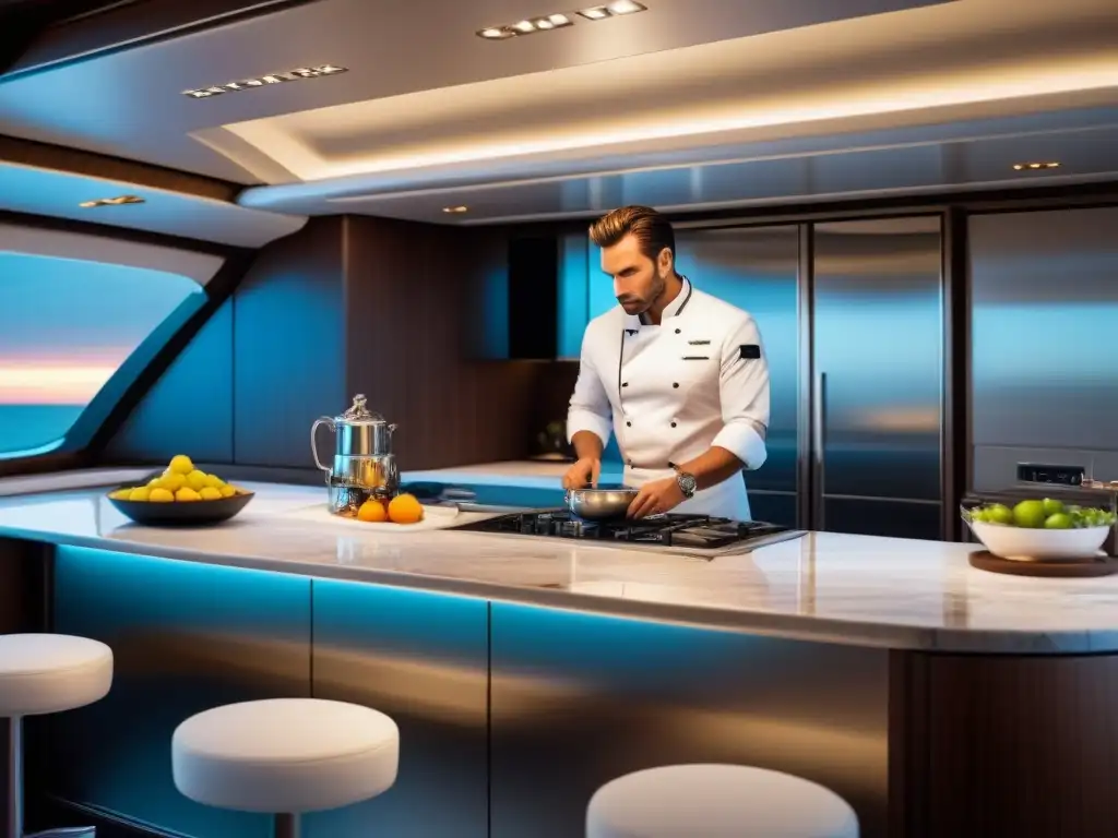 Experiencia culinaria a bordo personalizada: Cocina de yate elegante con detalles de lujo y ambiente sofisticado