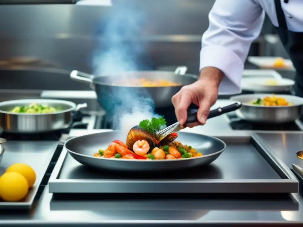 Experiencia culinaria en crucero: chef preparando un vibrante platillo de mariscos en una cocina minimalista, festivales gastronómicos