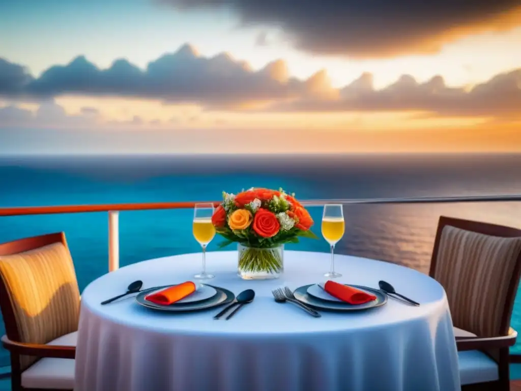 Una experiencia culinaria íntima en cruceros: mesa elegante en balcón privado con vista al mar al atardecer