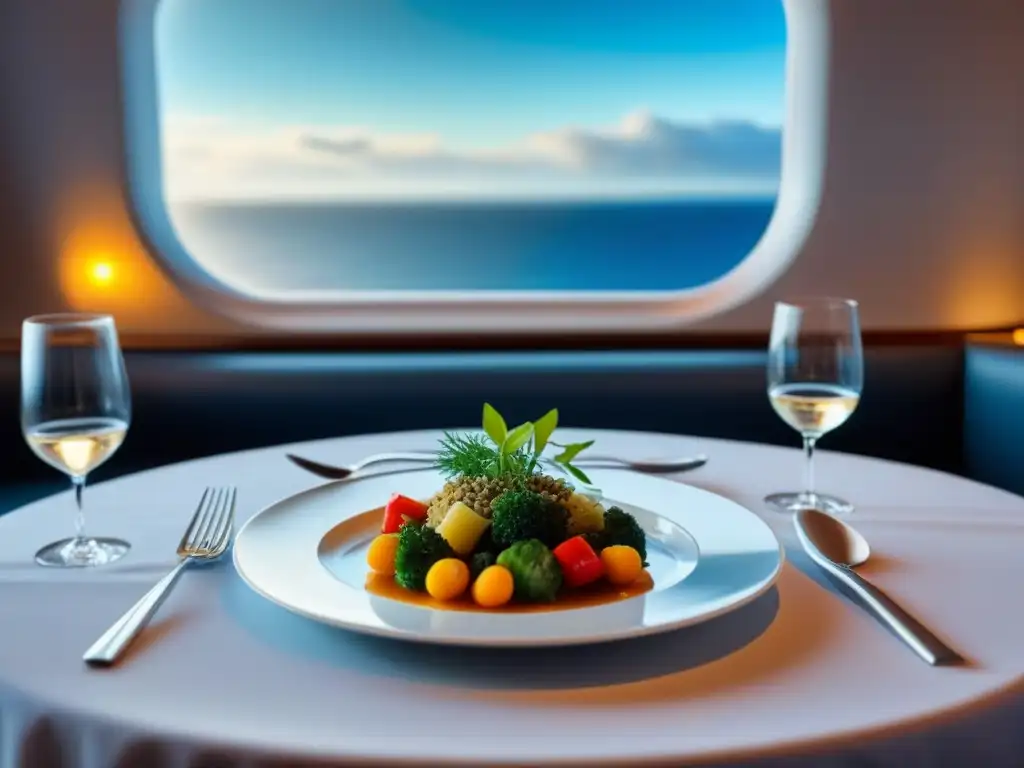 Experiencia culinaria vegetariana en cruceros: Plato vegetariano en elegante mesa de comedor con vista al mar