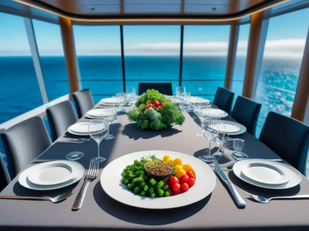 Experiencia culinaria vegetariana en cruceros: Elegante comedor de crucero con mesa de plantbased y vistas al mar