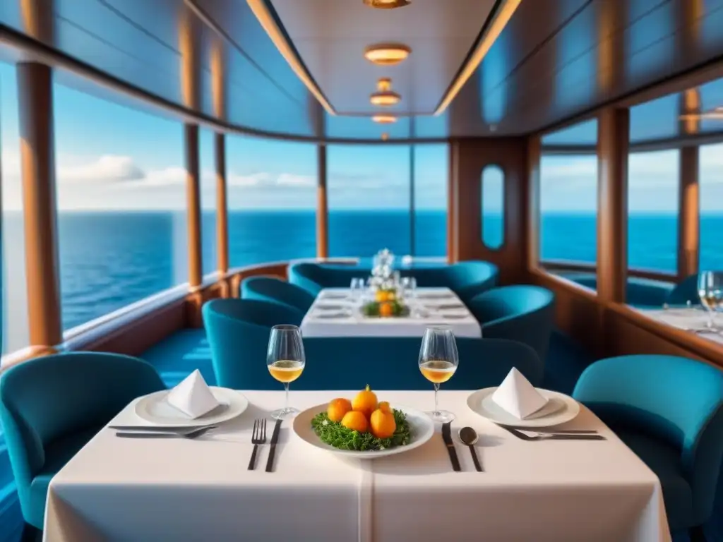 Experiencia culinaria vegetariana en cruceros: Un elegante comedor minimalista en un crucero con platos vegetarianos vibrantes y vistas al mar