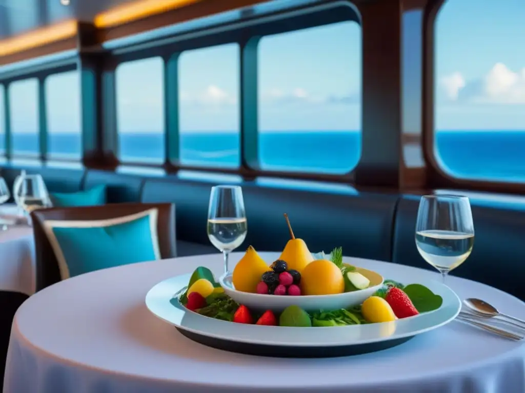 Una experiencia de alimentación equilibrada en cruceros: mesa elegante con frutas, ensaladas, mariscos y vista al mar