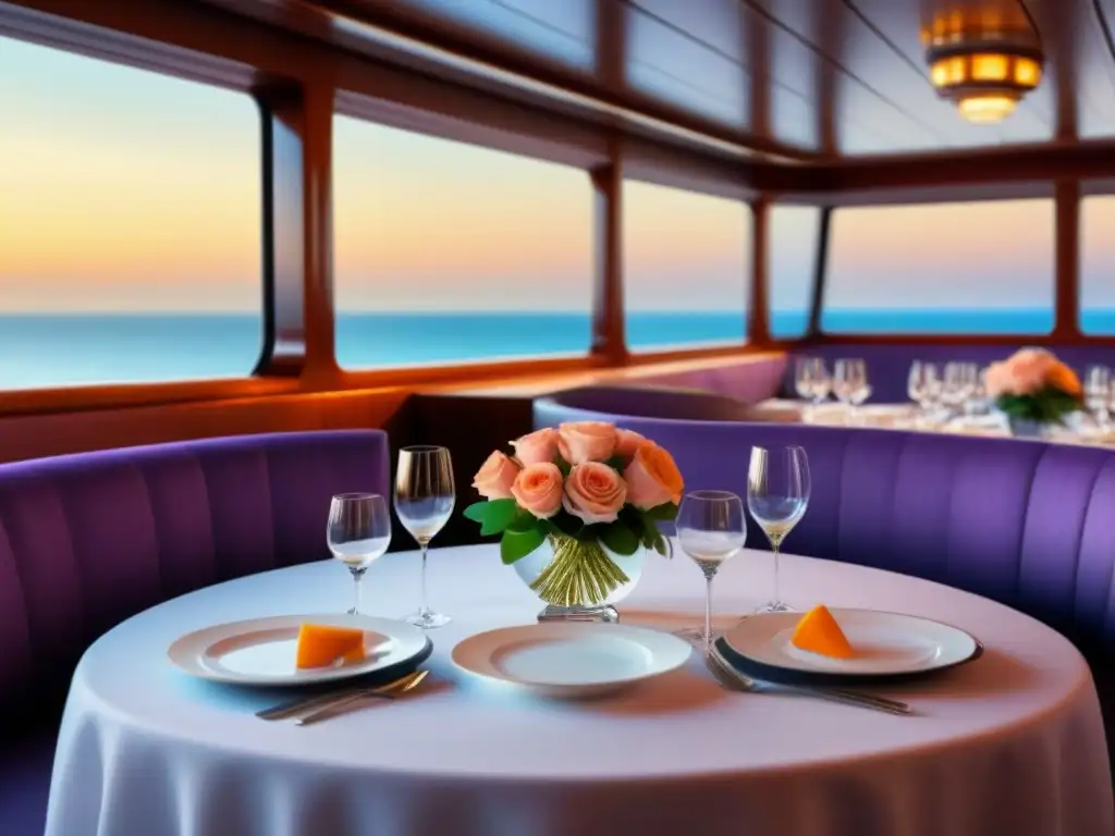 Experiencia de gastronomía de lujo en cruceros: mesa elegante con vajilla fina y vistas al mar al atardecer