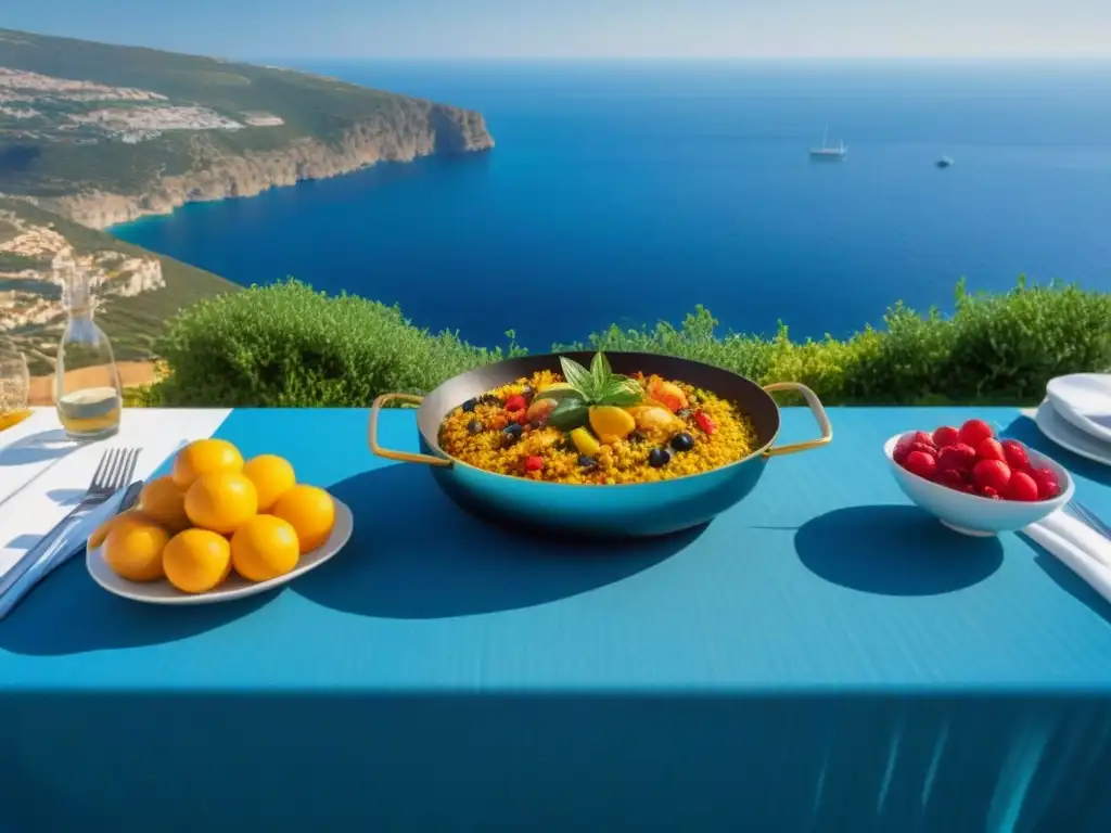 Una experiencia gastronómica en un crucero: mesa elegante con paella, mariscos, ensaladas y frutas, bañada por luz dorada del Mediterráneo