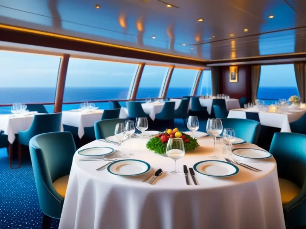 Una experiencia gastronómica en cruceros de lujo: mesa elegante con cristalería brillante y menú gourmet, rodeada de lujo y exclusividad