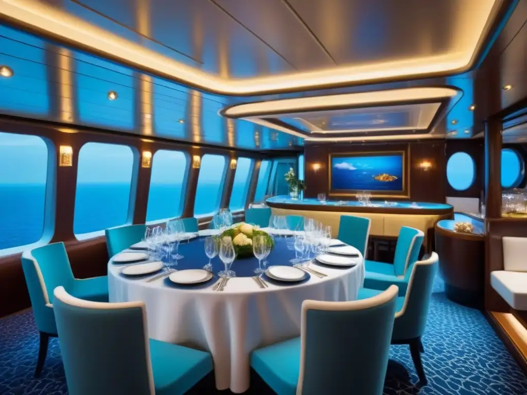 Experiencia gastronómica en cruceros de lujo: Un elegante comedor de crucero con fina vajilla y exquisitos platillos bajo suave iluminación ambiental